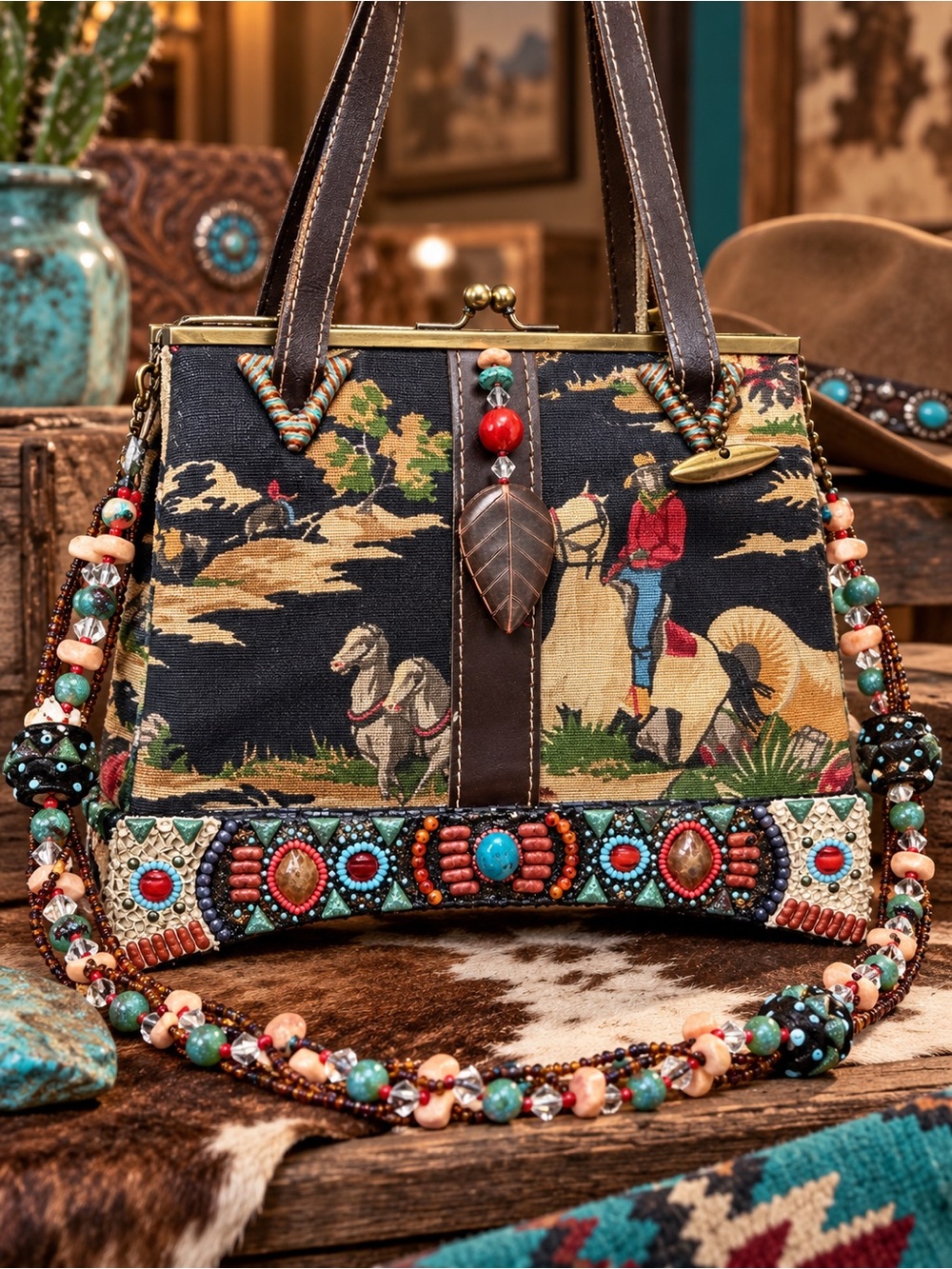 Vintage Mary Frances Western Cowboy Horse Beaded Tapestry Handbag